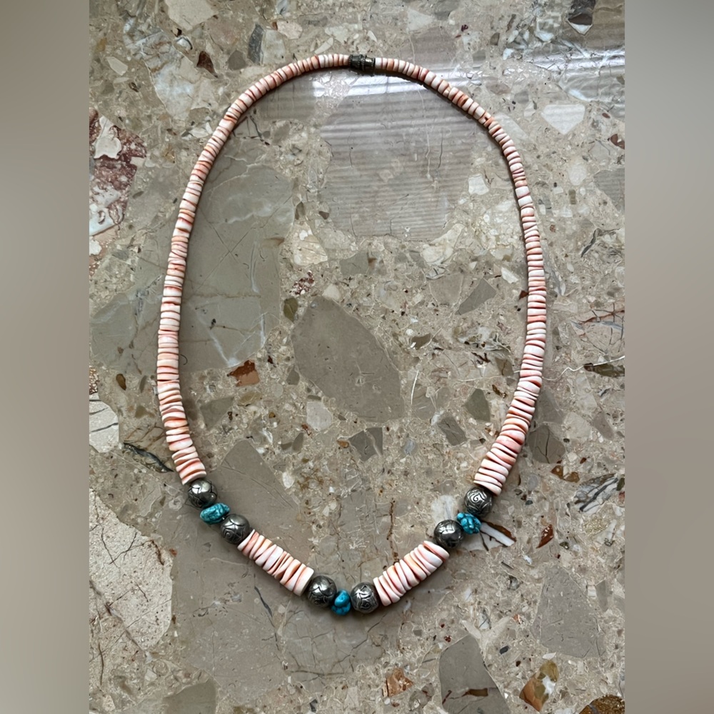 RARE VTG Conch Shell Turquoise Nuggets Rose Silver Beads Navajo Necklace 19”